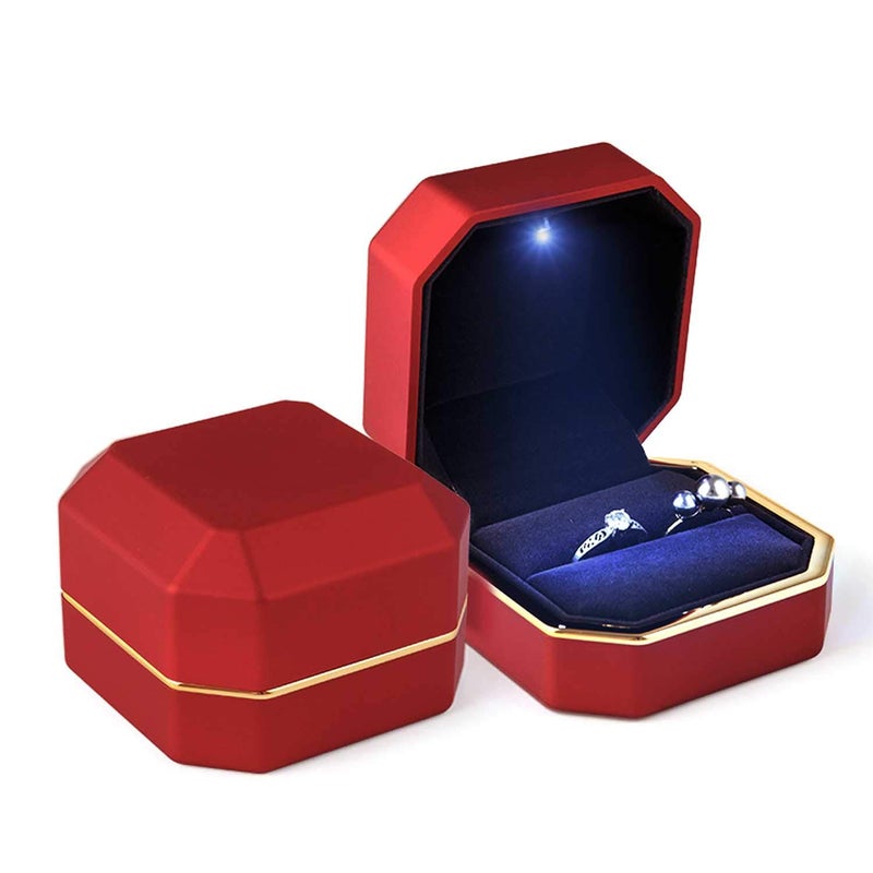 AVESON Luxury Ring Box, Square Velvet Wedding Ring Case Jewelry Gift Box with LED Light for Proposal Engagement Wedding, Red - Image 2